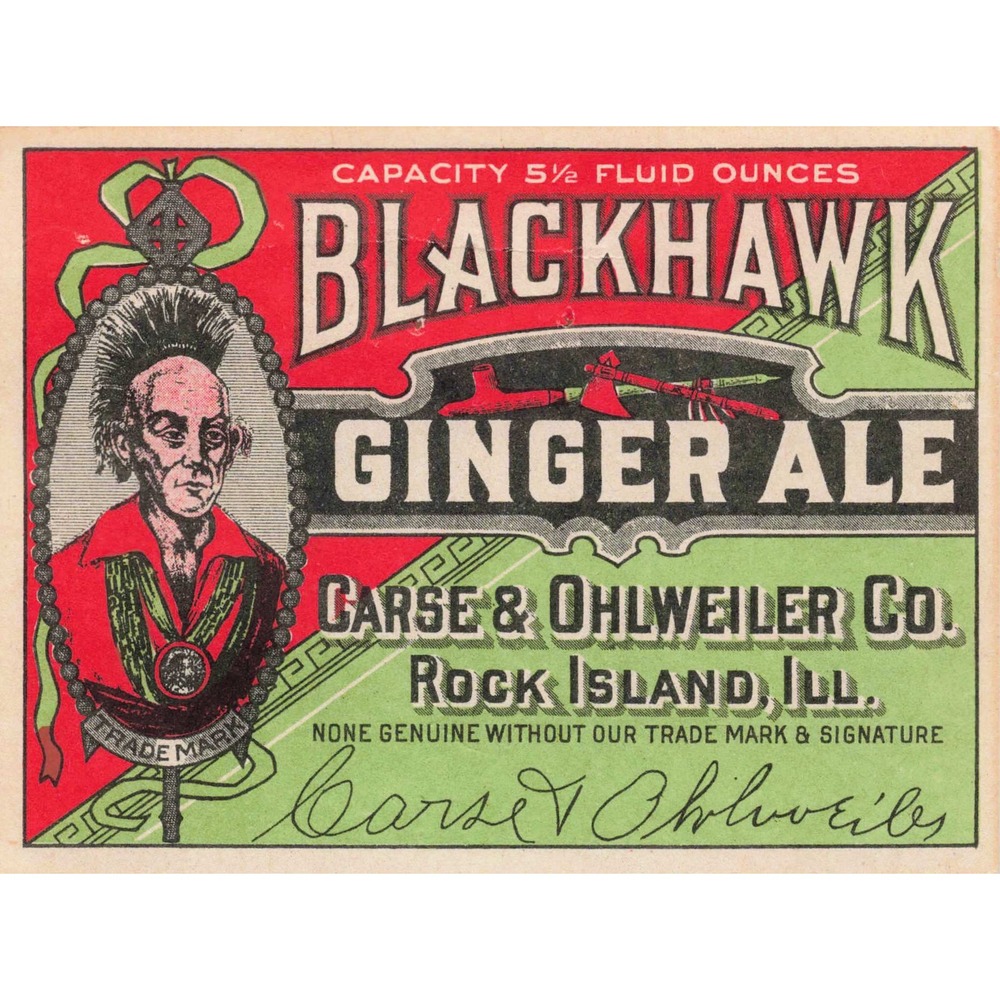 Vtg Blackhawk Ginger Ale Paper Label Rock Island IL Carse & Ohlweiler Chief - Picture 1 of 2